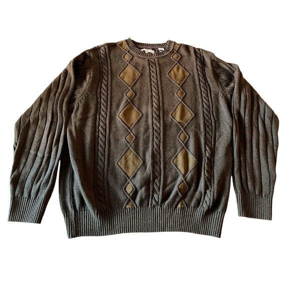 ALEX CANNON Brown Sweater Crew Neck Cotton Argyle Long Sleeve Pullover Large EUC - Picture 9 of 10